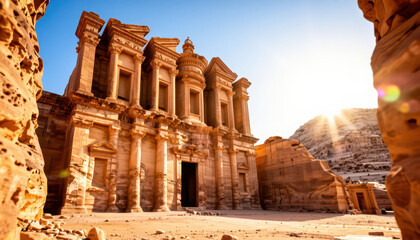 Fototapeta premium The ancient structure shows detailed carvings and well-preserved architecture in a desert landscape. The sunlight highlights the beauty of the monument against the rocky surroundings.