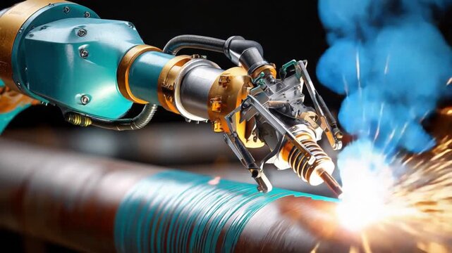 Robotic Precision: A close-up view of an industrial robotic arm welding a metal pipe, showcasing cutting-edge technology and modern manufacturing processes. 