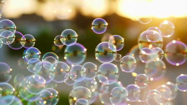 Colorful soap bubbles floating in the sunlight, creating a whimsical and joyful atmosphere. Perfect for celebrations and outdoor fun