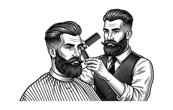 Vintage engraving of a barber carefully shaping a distinguished gentleman's beard with precision and skill in a classic style