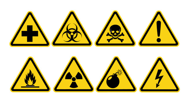 Warning signs display hazardous symbols on triangular yellow boards clearly