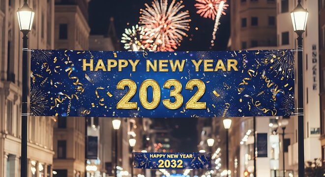 Happy new year 2032 celebration banner with fireworks and confetti in the city at night with a festive atmosphere and bright lights