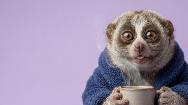 Close Up of Surprised Slow Loris in Blue Bathrobe Holding Coffee Mug