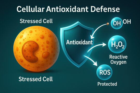 Cellular antioxidant defense diagram showing stressed cell protected by shield. illustration shows neutralization of reactive oxygen species and hydroxyl radicals