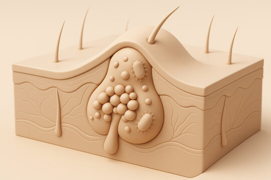 Isometric medical illustration of skin showing acne mechanism. sebaceous gland blockage causes oil and sebum accumulation in pore, creating an inflamed pimple