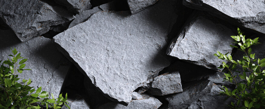 Gray stone wall fragments and rough slabs for a product showcase background 3d illustration.