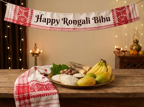 A traditional Assamese Rongali Bihu banner wishing happiness, displayed prominently above a wooden table laden with festive fruits, snacks, and cultural items for celebration