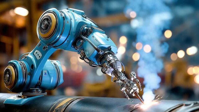 Robotic Precision in Automation: A close-up shot of a state-of-the-art robotic arm meticulously performing a welding task on a metallic structure within a high-tech industrial setting.