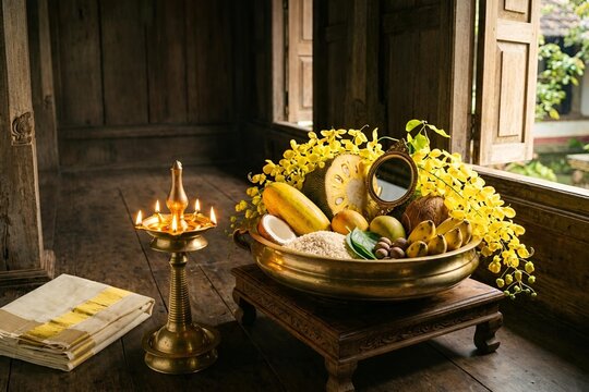 Traditional auspicious Vishu Kani arrangement in a brass uruli, adorned with yellow Kani Konna flowers, fresh fruits, rice, and a mirror, next to a lit nilavilakku lamp, symbolizing prosperity