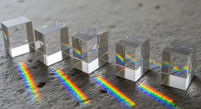 Optical Glass Cube Prisms with Rainbow Spectrum Refraction for Science, Technology, Innovation, and Creative Process Background
