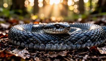 Obraz premium A black and white snake rests on the ground. The snake lies among leaves as sunlight streams through the trees in the serene forest setting.