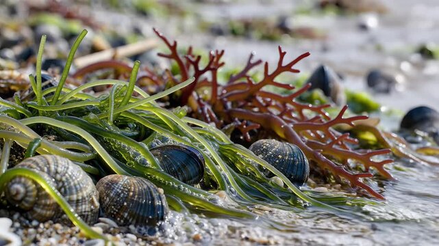 Closeup of seaweed and snails on a sandy beach with gentle waves.