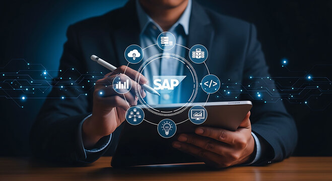 Business Professional Managing SAP ERP Software System on Digital Tablet with Icons