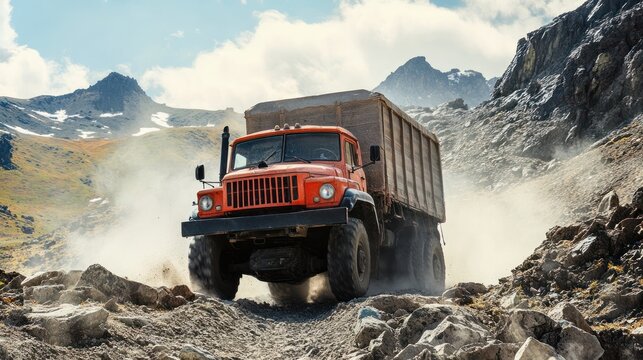 Rugged Orange Truck Conquering Rocky Mountain Pass, Dust Clouds, Adventure.