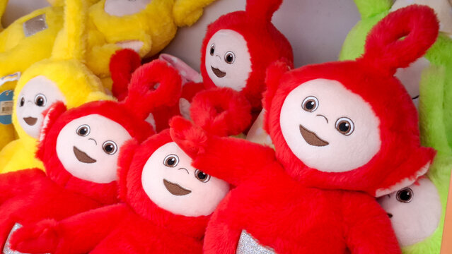 Group of Teletubbies plush dolls featuring characters Po and Laa-Laa displayed together on March 28, 2026 in Bangkok, Thailand