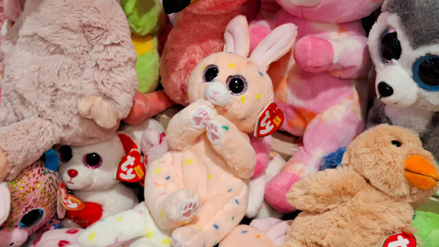 Assorted Ty Beanie Boos plush animal toys collection with big glitter eyes on retail store display shelf on March 28, 2026 in Bangkok, Thailand