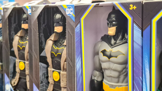 DC Comics Batman action figures in original packaging displayed on retail store shelves for superhero toy collection and editorial use on March 28, 2026 in Bangkok, Thailand