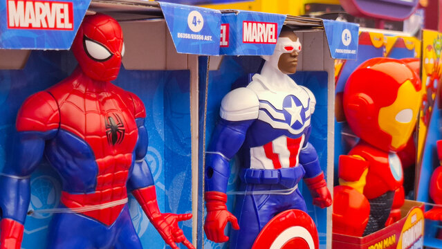 Marvel Avengers action figures collection featuring Spider Man Captain America and Iron Man displayed in retail packaging at a toy store on March 28, 2026 in Bangkok, Thailand
