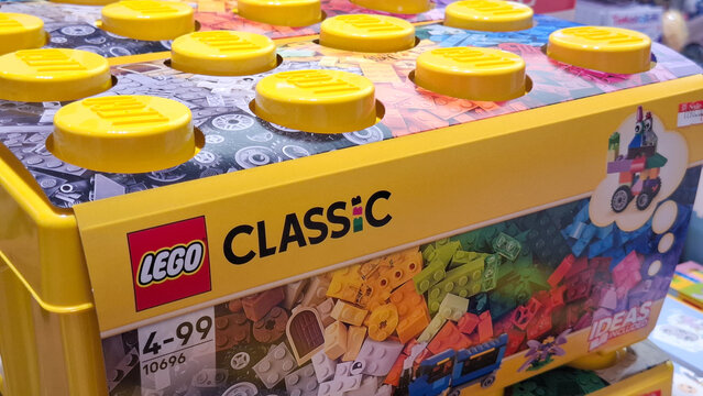 Lego Classic creative brick box packaging featuring various construction ideas for children and collectors displayed in a retail store on March 28, 2026 in Bangkok, Thailand