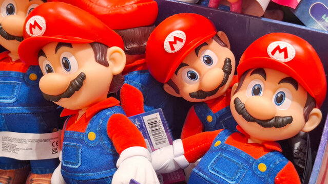Super Mario Bros plastic action figure toys display with iconic red cap and mustache on retail shelf store on March 28, 2026 in Bangkok, Thailand