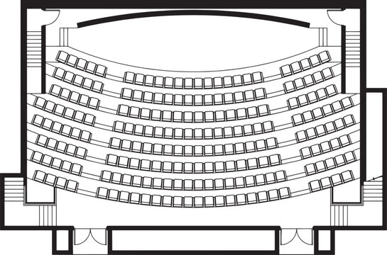 Top-down view of a modern theater, showcasing the seating arrangement, stage, and architectural details in a minimalist, black and white style.