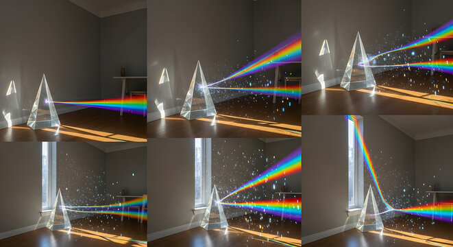 Light Refraction Science Experiment with Glass Pyramid Prism and Rainbow Spectrum in Modern Interior Studio for Education and Creative Design