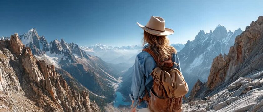 Contemplative Explorer in Mountain Wilderness: A lone explorer stands at the precipice of nature's vast panorama, embodying the spirit of adventure, a testament to the pursuit of discovery. 