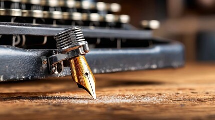 Naklejka premium Captivating Close-up of Quill and Ink on Vintage Typewriter Surface