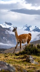 Naklejka premium Guanaco in the Andes Mountains - A Portrait of Wildlife.