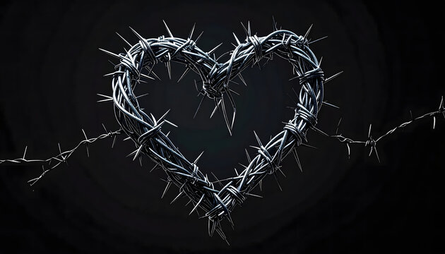 Heart shape formed by a single strand of silver barbed wire with sharp thorns on black background symbolizing metal romanticism generative AI