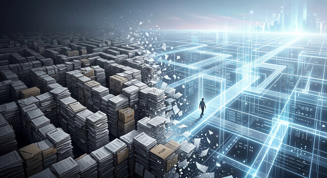 Paperwork maze dissolving into digital freedom
