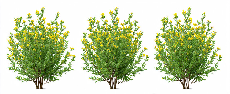Three Cytisus scoparius bushes isolated on white with sharp cutout edges