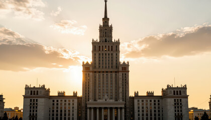 Fototapeta premium The tall building stands prominently against the sunset, showcasing its architectural details. The sunset creates a dramatic backdrop for the historical building.