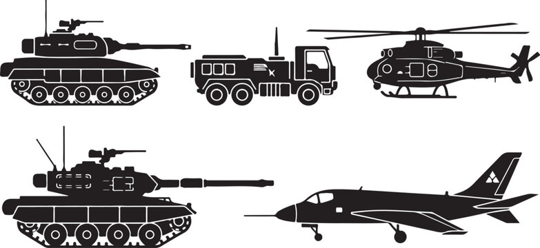  military transport tank army truck helicopter jet silhouette set black design