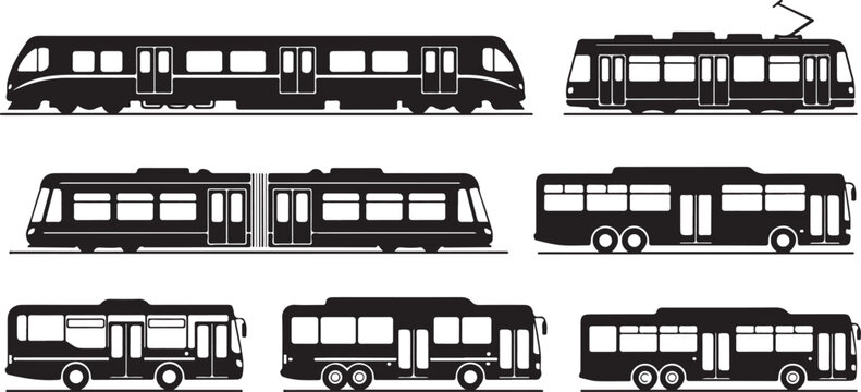 metro city transport train subway tram silhouette set black design