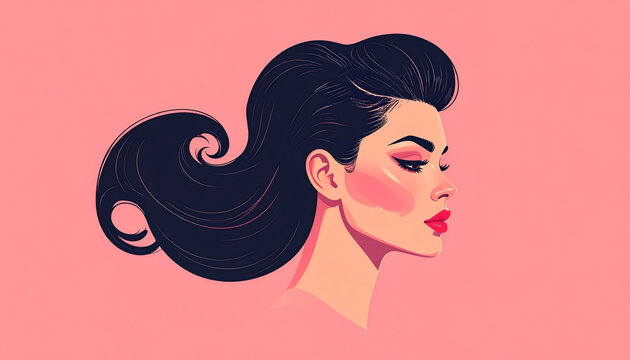 Stylized rockabilly hairstyle as a black sweeping wave on pink background symbolizing rebellious fashion and the birth of rock and generative AI