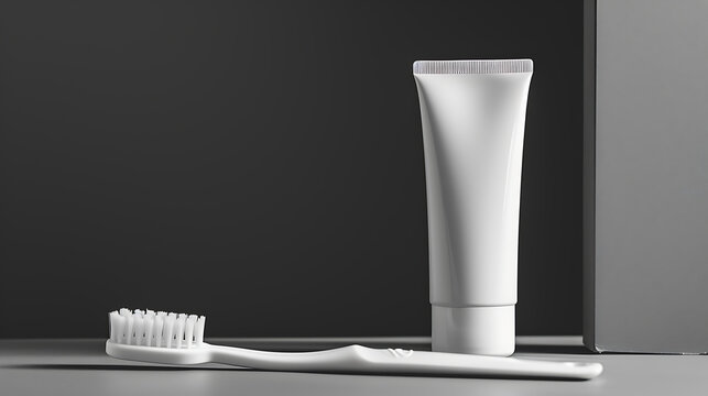 White Toothbrush and Toothpaste Tube on Grey Background for Oral Hygiene