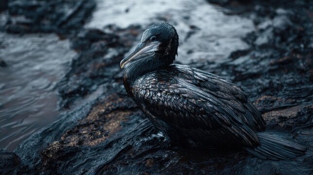 Close up of bird covered in oil sitting on contaminated shore, dark tones, dramatic lighting, high detail feathers texture, environmental disaster