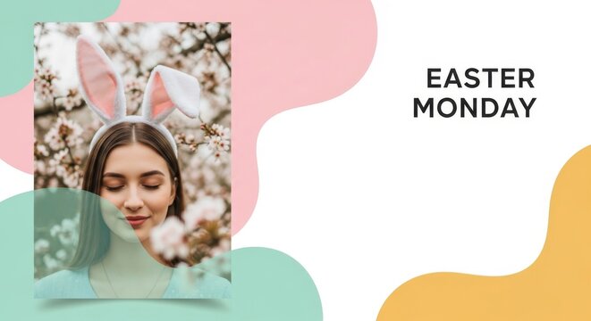 Young woman wearing bunny ears with eyes closed in spring blossom garden