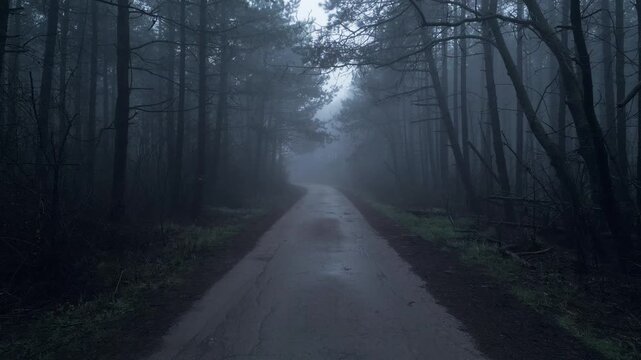 Drone POV flying over a lonely road through a dark misty pine forest in the fog