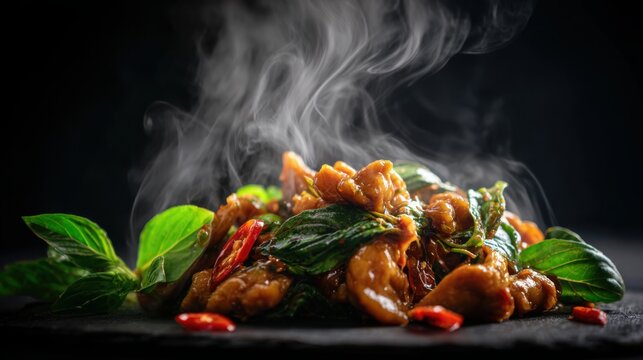 Close up of Thai basil chicken stir fry with chili and garlic, glossy sauce, fresh basil leaves, steam, dark background, dramatic lighting, high