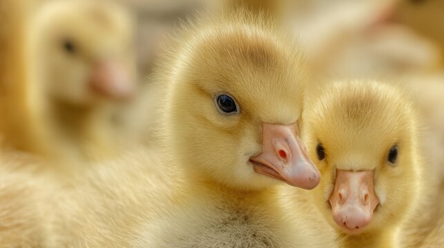 Close up portrait of fluffy goslings, soft yellow feathers, curious expressions, blurred natural background, high resolution