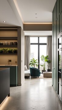 Modern Sage Green Kitchen Island with Warm Lighting