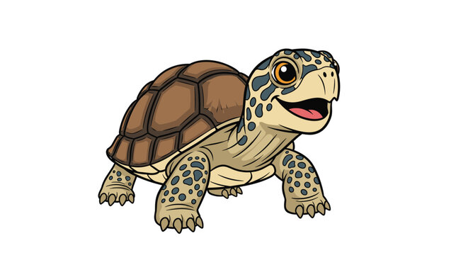Cute brown and tan cartoon turtle with large expressive eyes and a happy expression walking against a white background.