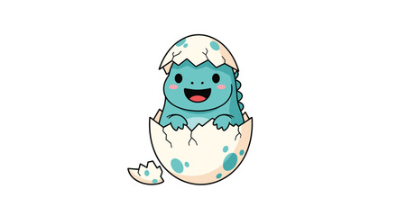 Obraz premium Cute baby blue dinosaur with pink cheeks and a happy smile hatching from its spotted egg on a white background.