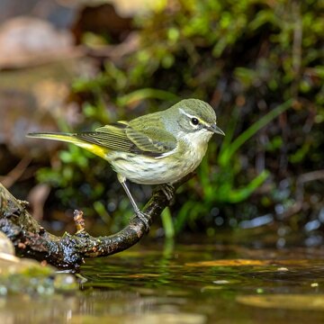 Palm Warbler Perched on Branch Near Waters Edge.