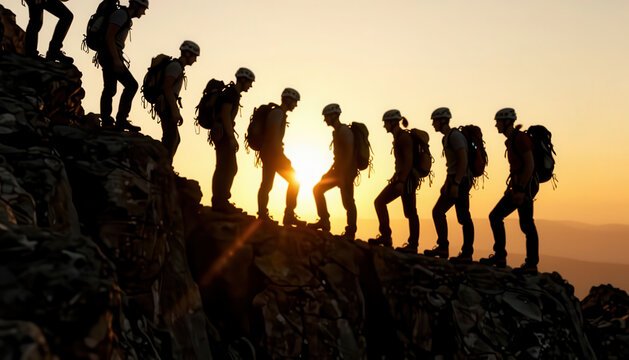 A group of climbers ascends a rocky ridge during sunset. The climbers navigate the terrain, silhouetted against the glowing sky and the sun's light.