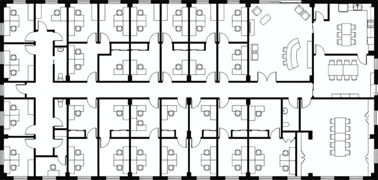 An architectural blueprint reveals a detailed office floor plan, showcasing individual workspaces, meeting areas, and a central circulation path.