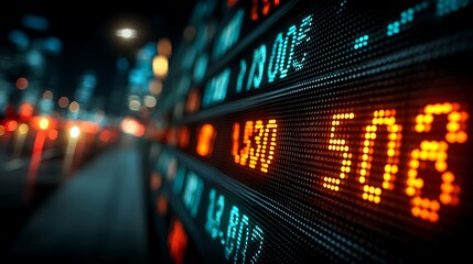 Fototapeta premium Stock market ticker display with glowing orange and blue numbers showing financial data and currency rates against a blurry night city background in a downtown area