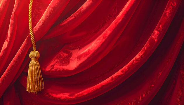 Red velvet curtain fold with a gold rope tassel representing the drama and luxury of traditional theater style schlager performances generative AI